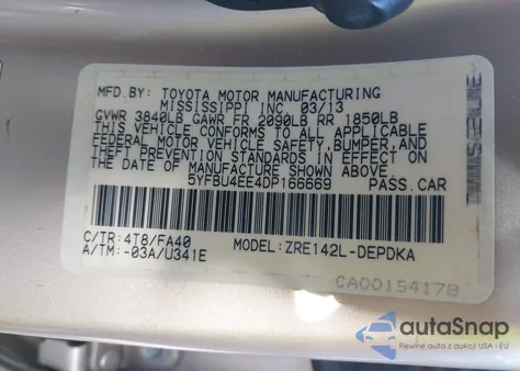 2013 Toyota Corolla L from USA, damaged, VIN 5YFBU4EE4DP166669